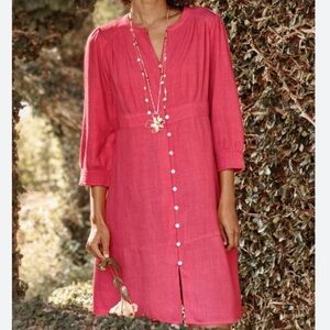 J. Jill Courtyard Button Front 3/4 Sleeve Knee Length Dress Pink Linen Blend
